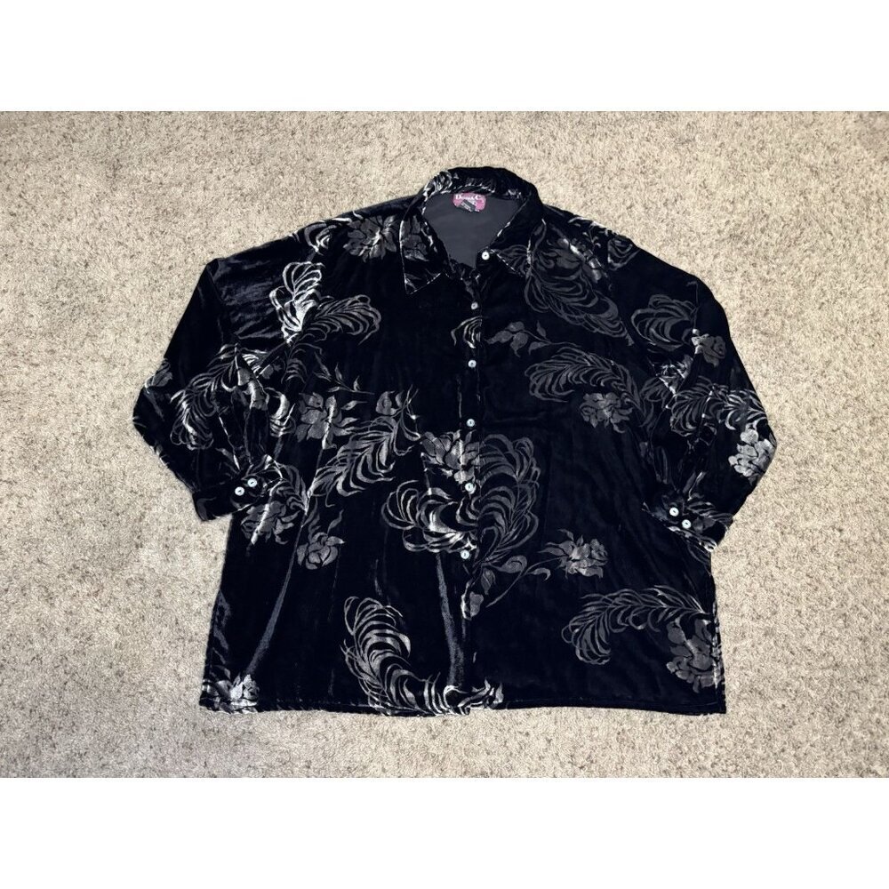 DENIM & CO Velvet Burnout Dark Floral Button Shirt Whimsigoth Grunge Holiday 3X